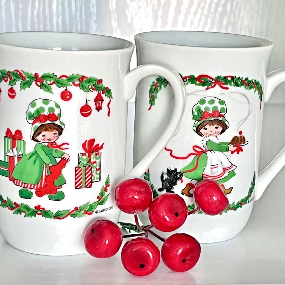 Little Miss Sugarplum Jasco Christmas Mug Porcelain Set of 2 Vintage 1980 VTG
